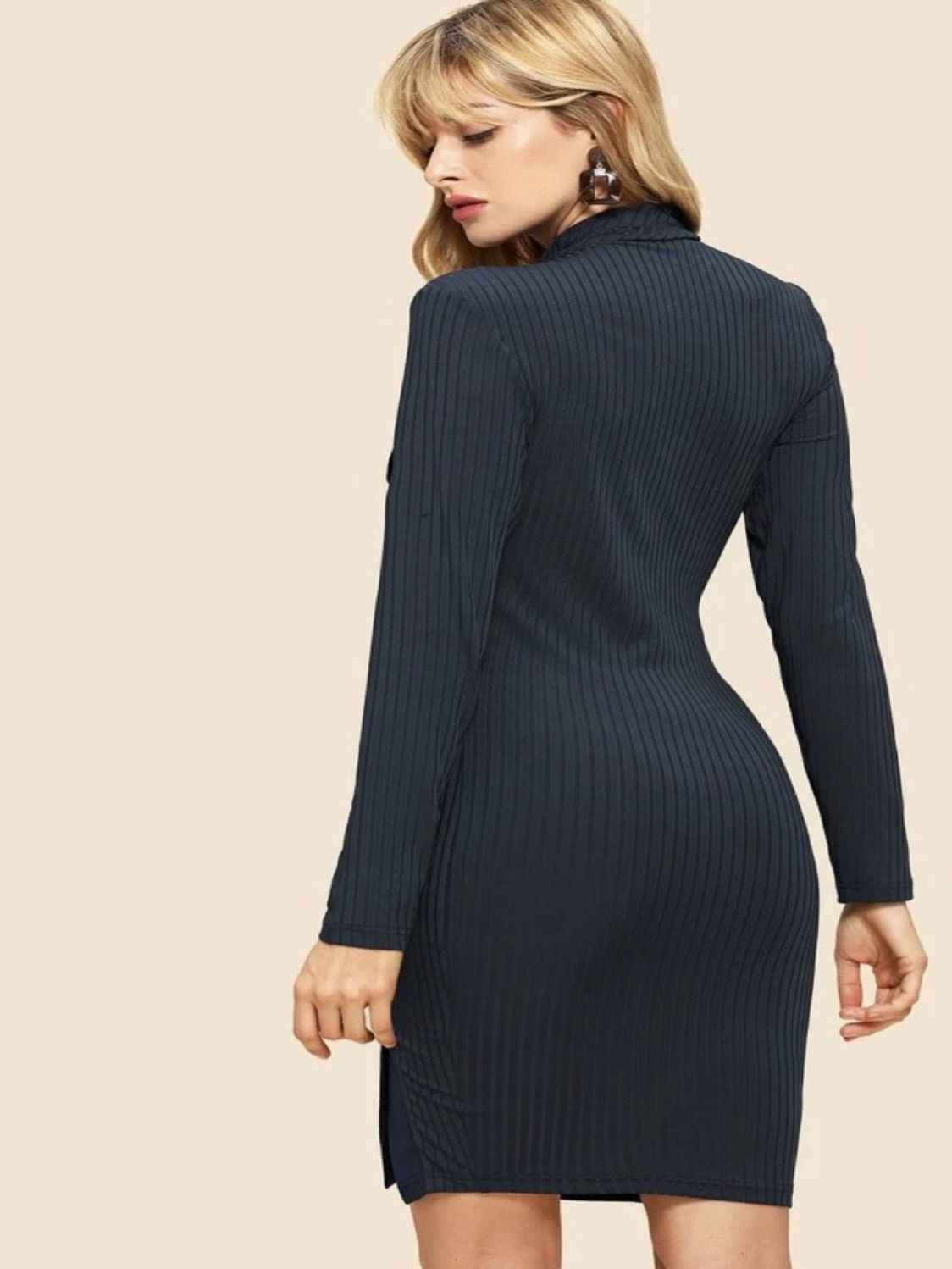 Navy Ribbed Buttoned Up Dress